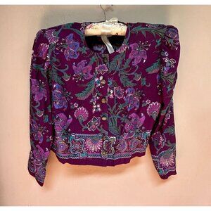 Vintage ILGWU Damon Petite Womens Cropped Top Blouse Size 12 Purple Floral Boho